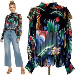 Farm Rio Smocked Ruffle Blouse Black Multi Long Sleeve S